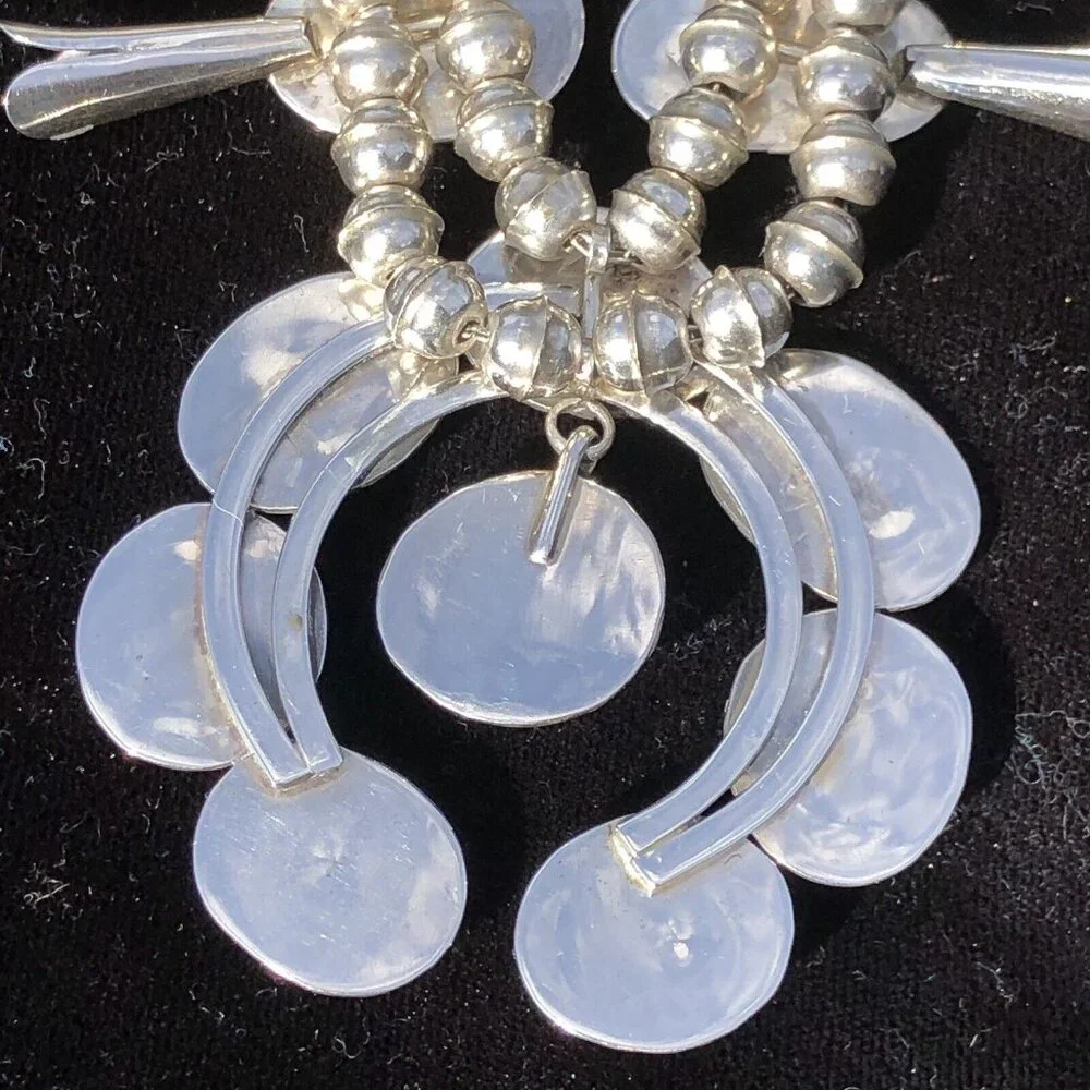 Vintage Sterling Silver Navajo Kingman Turquoise Squash Blossom Necklace Jewelry - Picture 13 of 16